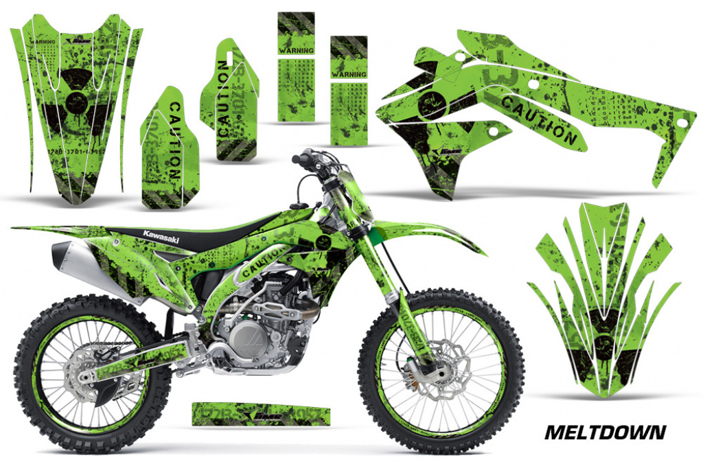 Meltdown Hintergrund = Grün, Designfarbe = Schwarz mit Nummernfeldern für Kawasaki KX450F 2016-2018