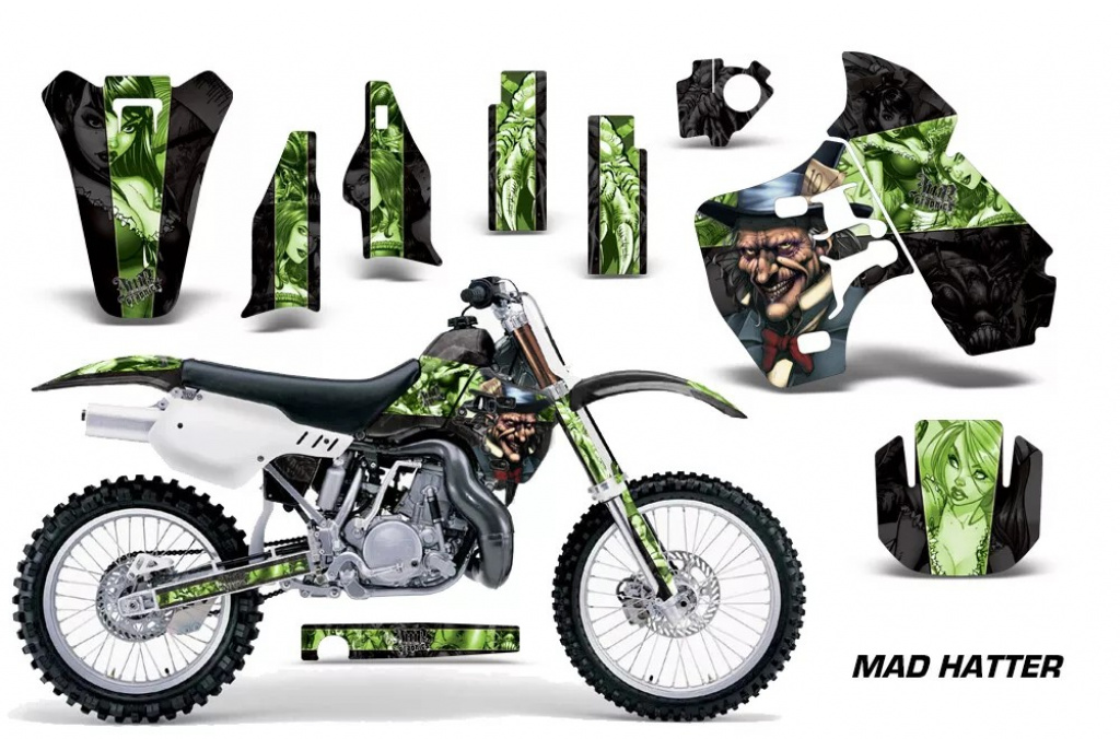 Mad-Hatter Hintergrund = Schwarz, Designfarbe = Grün ohne Nummernfeldern für Kawasaki KX500 1988-2004