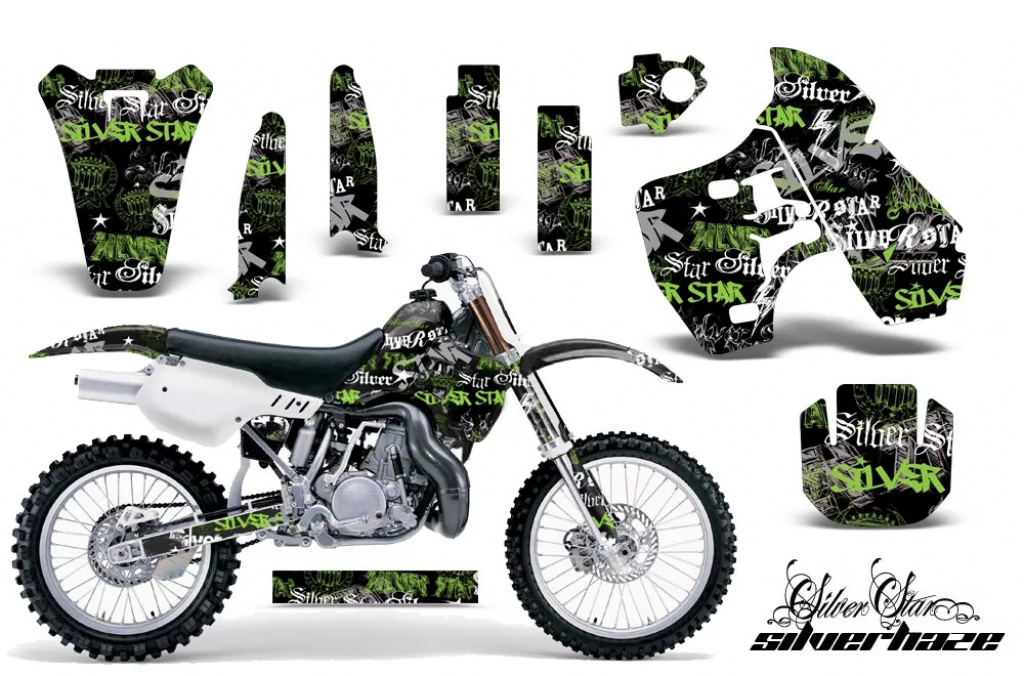 SilverStar - Silverhaze Hintergrund = Schwarz, Designfarbe = Grün ohne Nummernfeldern für Kawasaki KX500 1988-2004