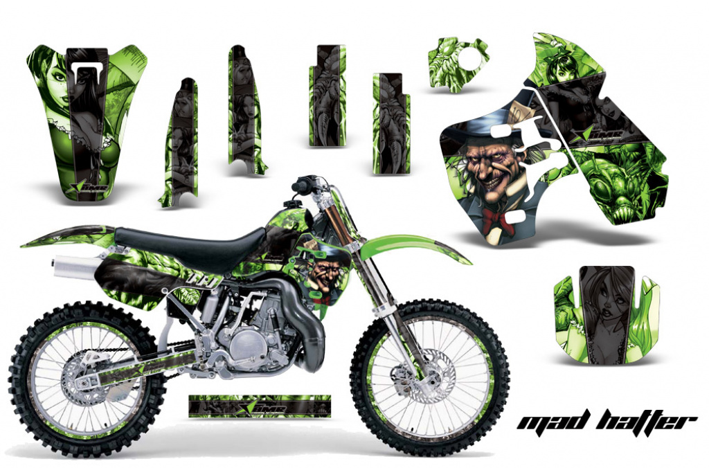 Mad-Hatter Hintergrund = Grün, Designfarbe = Schwarz mit Nummernfeldern für Kawasaki KX500 1988-2004