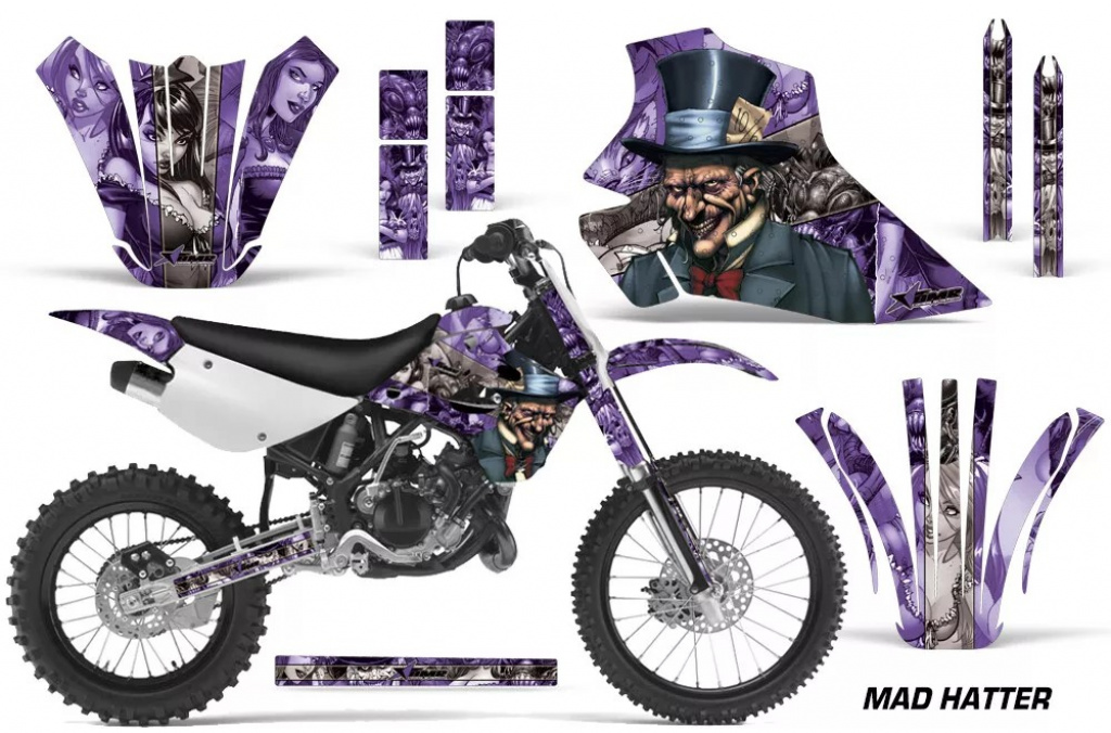 Mad Hatter Hintergrund = Lila, Designfarbe = Silber ohne Nummernfeldern für Kawasaki KX80/KX100 1995-1997