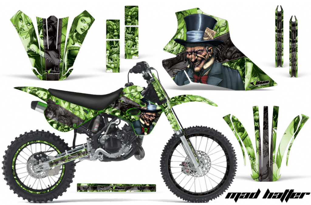 Mad Hatter Hintergrund = Grün, Designfarbe = Schwarz mit Nummernfeldern für Kawasaki KX80/KX100 1995-1997