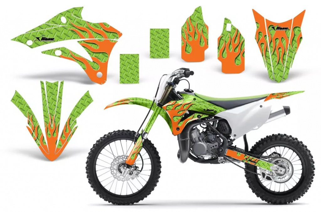 Diamond Flames Background = Green, Design color = Orange without number plates for Kawasaki KX85/100 2014-2021