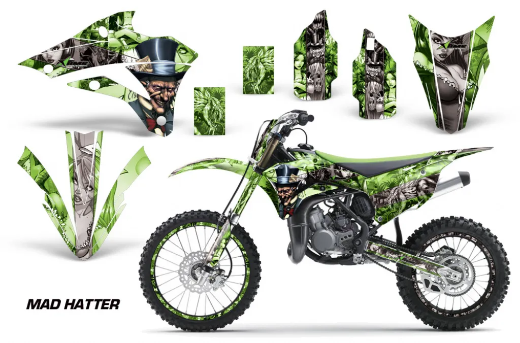 Mad-Hatter Hintergrund = Grün, Designfarbe = Silber mit Nummernfeldern für Kawasaki KX85/100 2014-2021