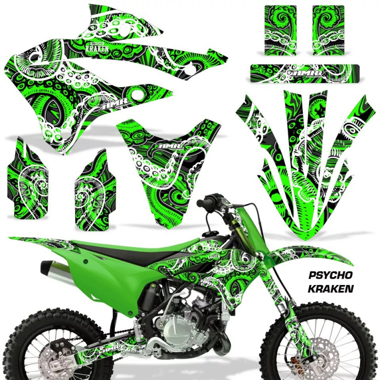 Psycho Kraken Background = Black, Design color = Green without number plates for Kawasaki KX85/112 2022-2024