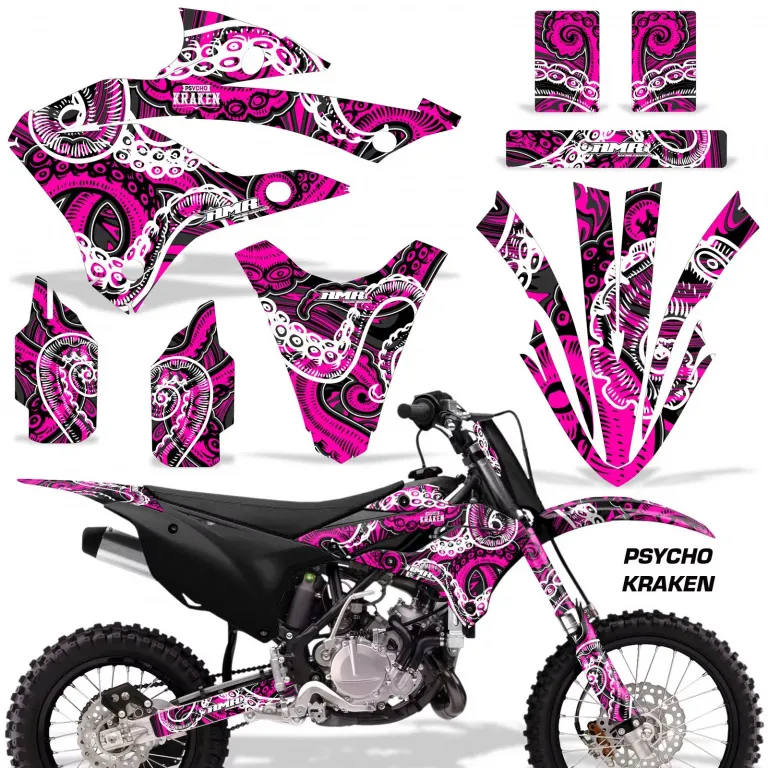 Psycho Kraken Hintergrund = Schwarz, Designfarbe = Pink ohne Nummernfeldern für Kawasaki KX85/112 2022-2024