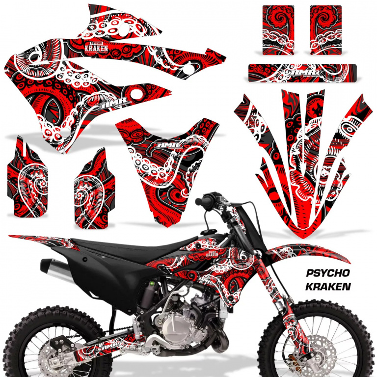 Psycho Kraken Background = Black, Design color = Red without number plates for Kawasaki KX85/112 2022-2024