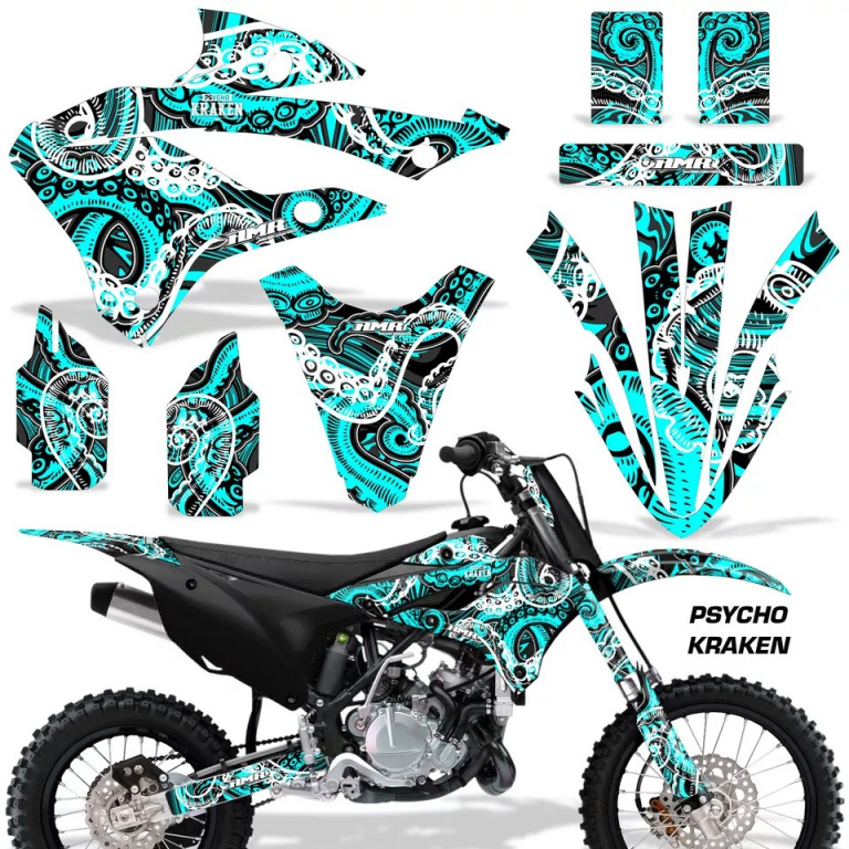 Psycho Kraken Background = Black, Design color = Teal Blue without number plates for Kawasaki KX85/112 2022-2024