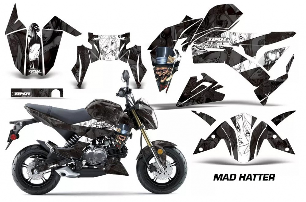 Mad-Hatter Hintergrund = Schwarz, Designfarbe = Weiß für Kawasaki Z125 Pro 2017-2024