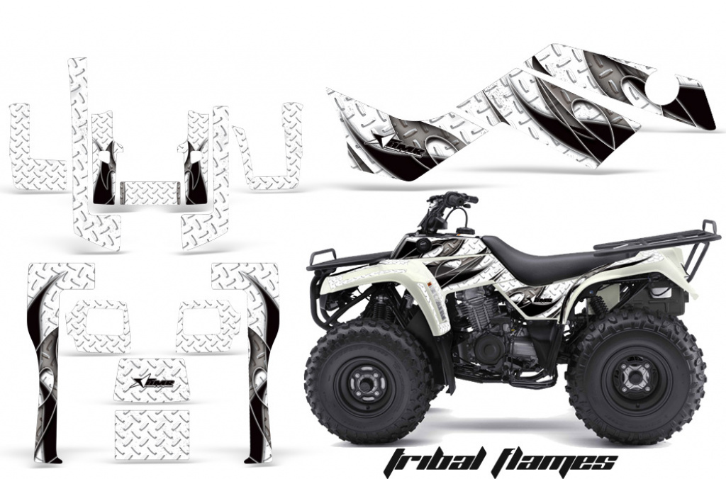 Tribal Flames Hintergrund = Weiß, Designfarbe = Schwarz für Kawasaki KLF 220/250/300 Bayou