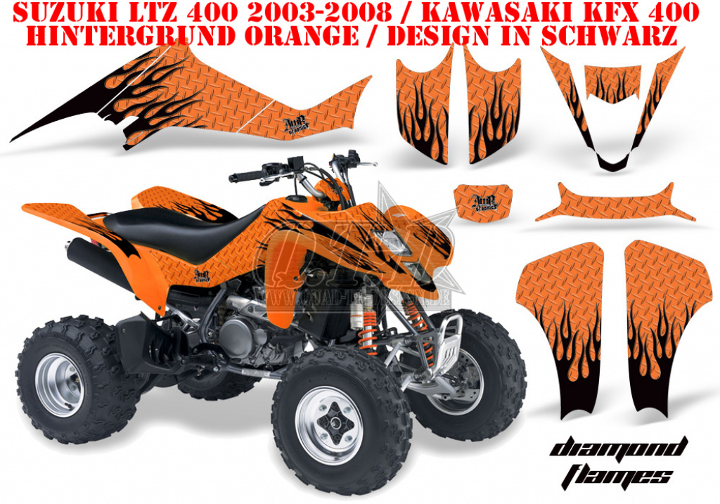 Diamond Flames Hintergrund = Orange, Designfarbe = Schwarz für Suzuki LTZ 400 2003-2008