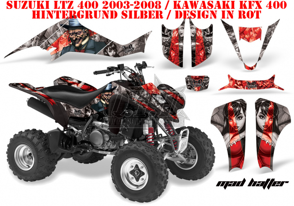 Mad Hatter Hintergrund = Silber, Designfarbe = Rot für Suzuki LTZ 400 2003-2008