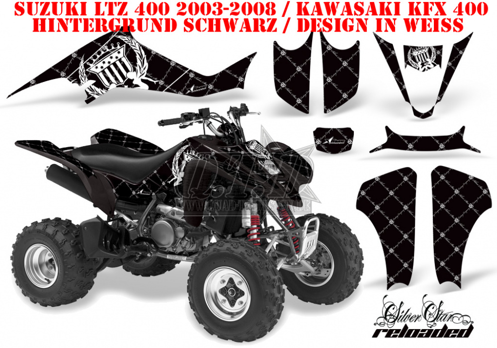 SilverStar - Reloaded Hintergrund = Schwarz, Designfarbe = Weiß für Suzuki LTZ 400 2003-2008