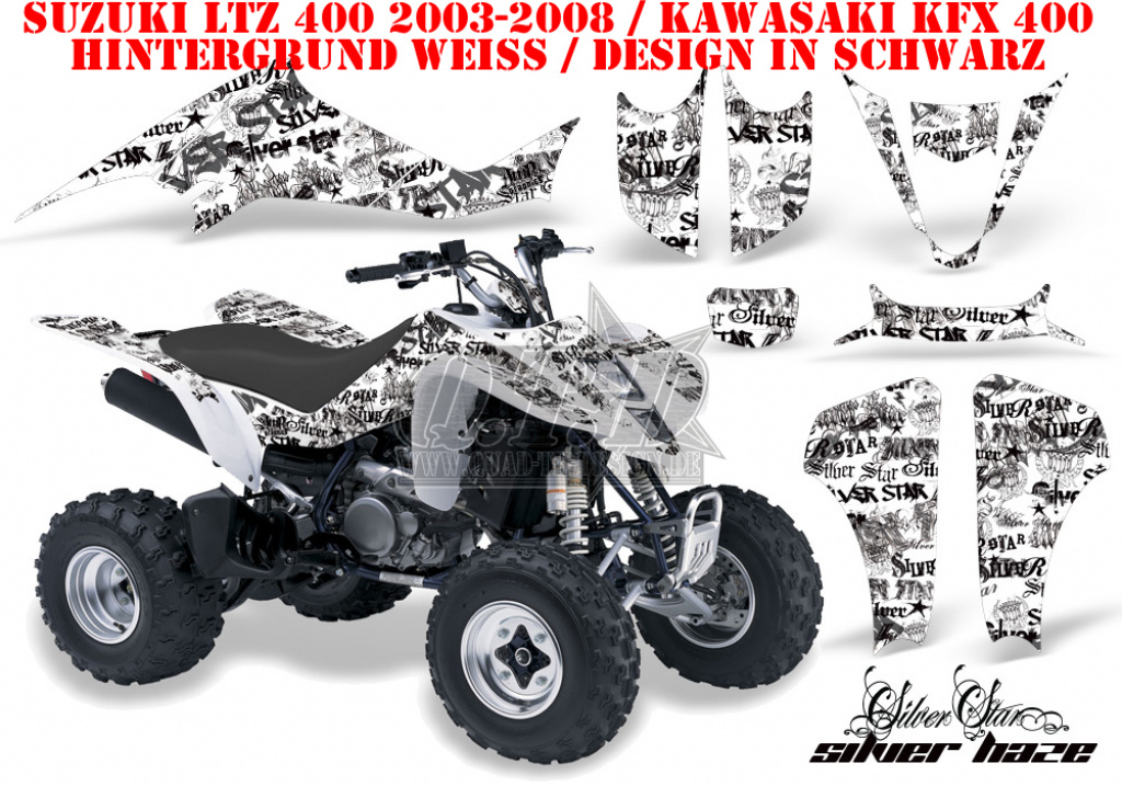 SilverStar - Silverhaze Hintergrund = Weiß, Designfarbe = Schwarz für Suzuki LTZ 400 2003-2008