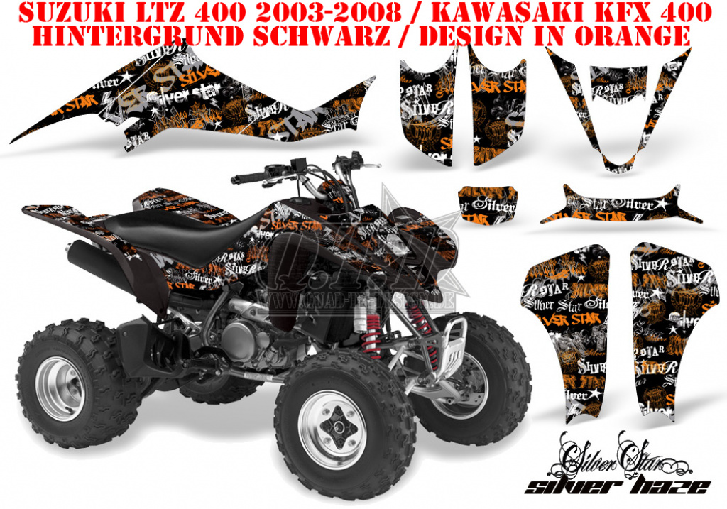 SilverStar - Silverhaze Hintergrund = Schwarz, Designfarbe = Orange für Suzuki LTZ 400 2003-2008