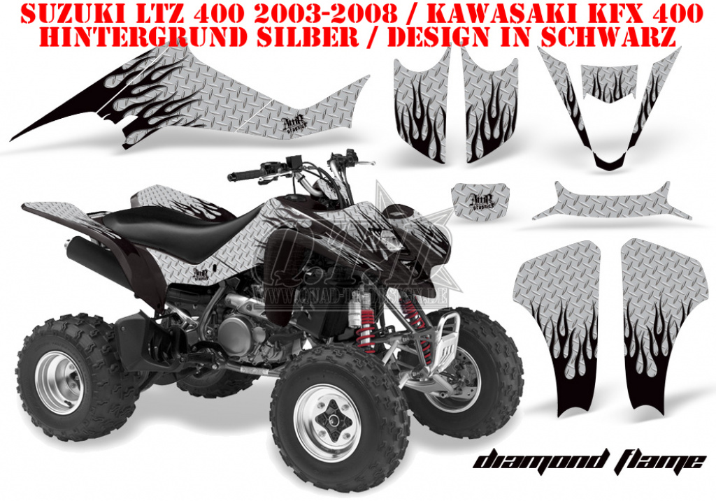 Diamond Flames Hintergrund = Silber, Designfarbe = Schwarz für Suzuki LTZ 400 2003-2008