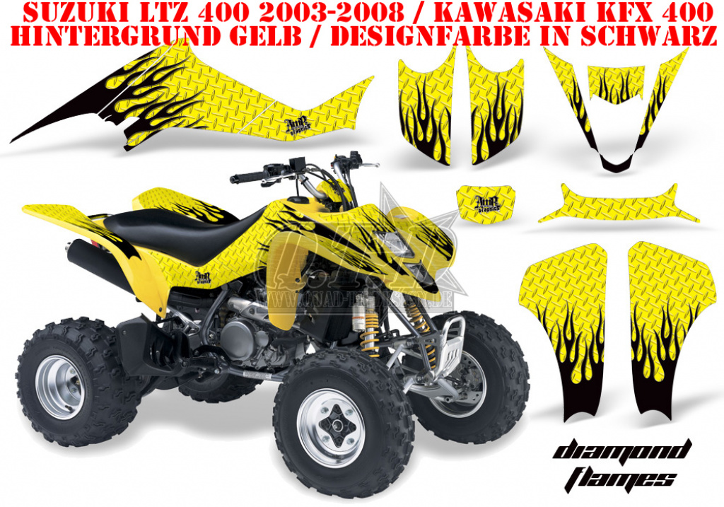 Diamond Flames Hintergrund = Gelb, Designfarbe = Schwarz für Suzuki LTZ 400 2003-2008
