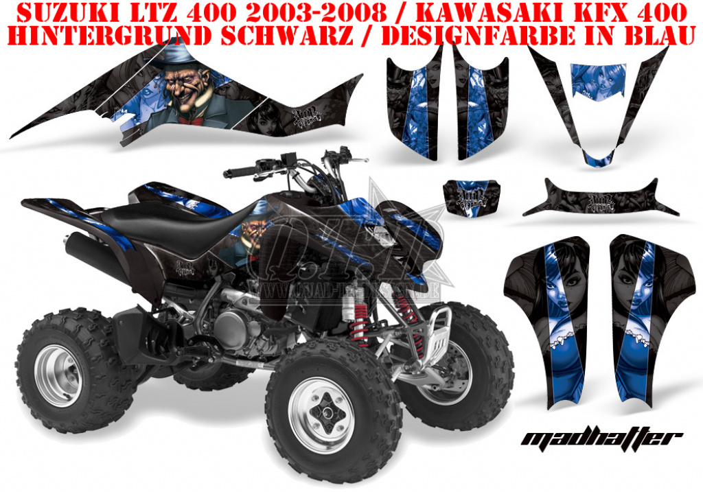 Mad Hatter Hintergrund = Schwarz, Designfarbe = Blau für Suzuki LTZ 400 2003-2008