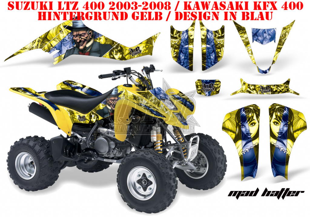 Mad Hatter Hintergrund = Gelb, Designfarbe = Blau für Suzuki LTZ 400 2003-2008