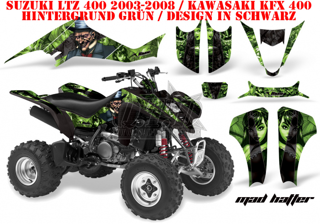 Mad Hatter Hintergrund = Grün, Designfarbe = Schwarz für Suzuki LTZ 400 2003-2008