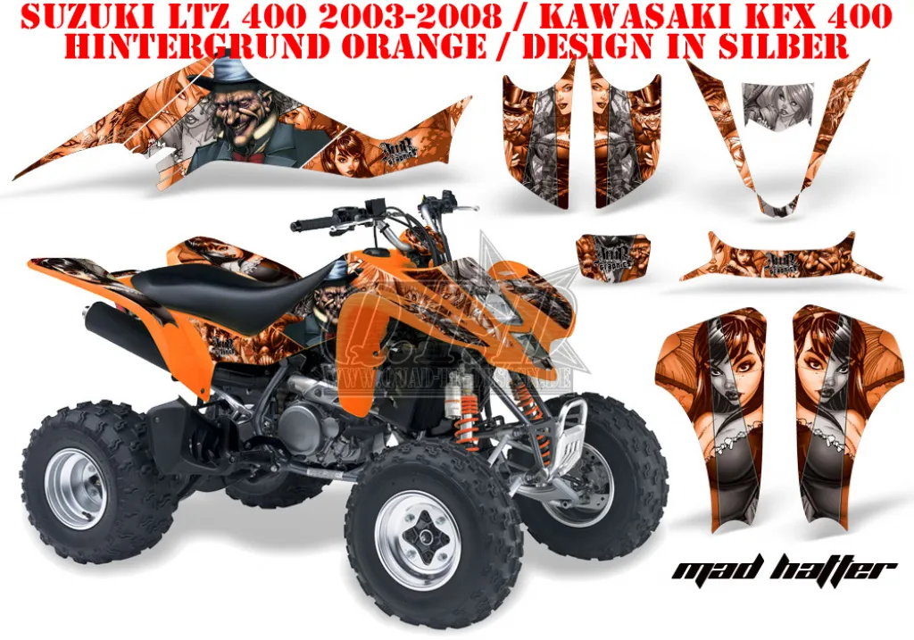 Mad Hatter Background = Orange, Design color = Silver for Kawasaki KFX 400 2003-2008