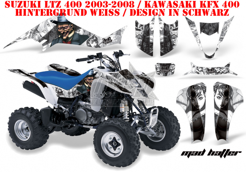 Mad Hatter Hintergrund = Weiß, Designfarbe = Schwarz für Suzuki LTZ 400 2003-2008