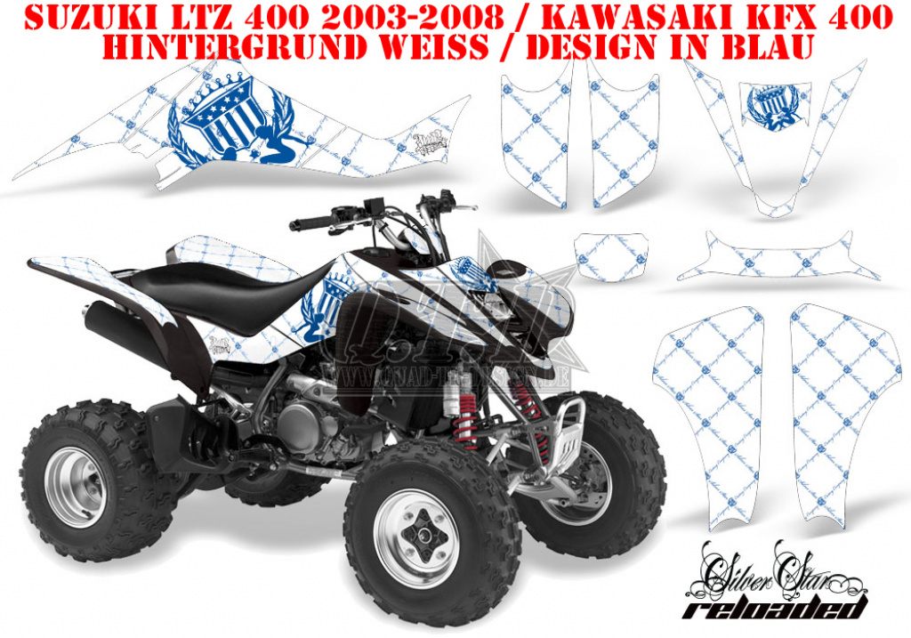 SilverStar - Reloaded Hintergrund = Weiß, Designfarbe = Blau für Suzuki LTZ 400 2003-2008