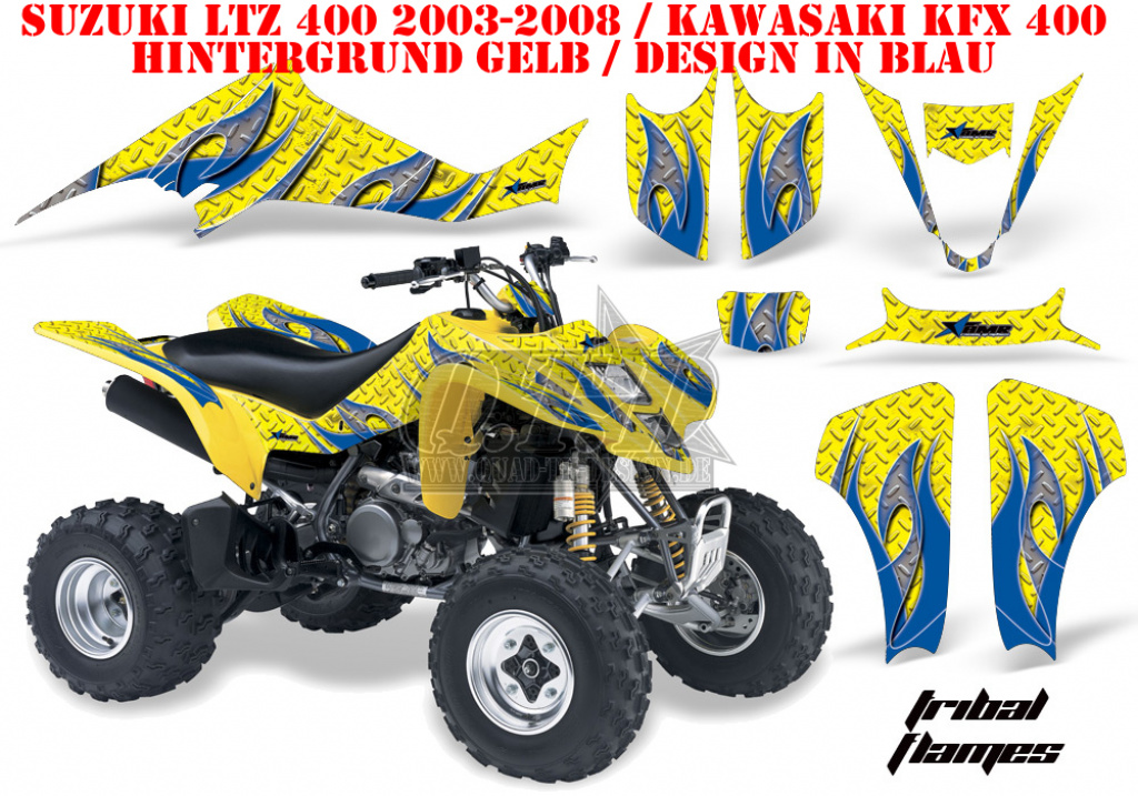 Tribal Flames Hintergrund = Gelb, Designfarbe = Blau für Suzuki LTZ 400 2003-2008