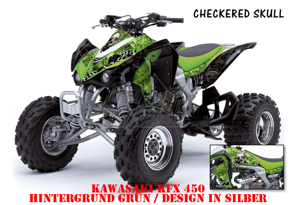 Checkered Skull Hintergrund = Grün, Designfarbe = Silber für Kawasaki KFX 450