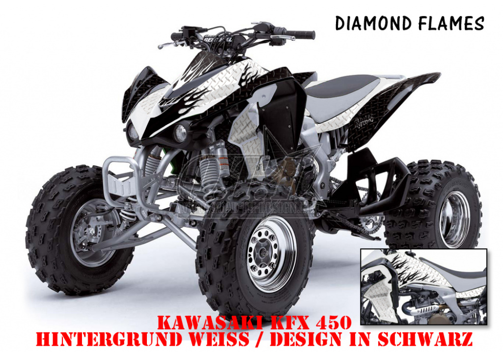 Diamond Flames Hintergrund = Weiß, Designfarbe = Schwarz für Kawasaki KFX 450