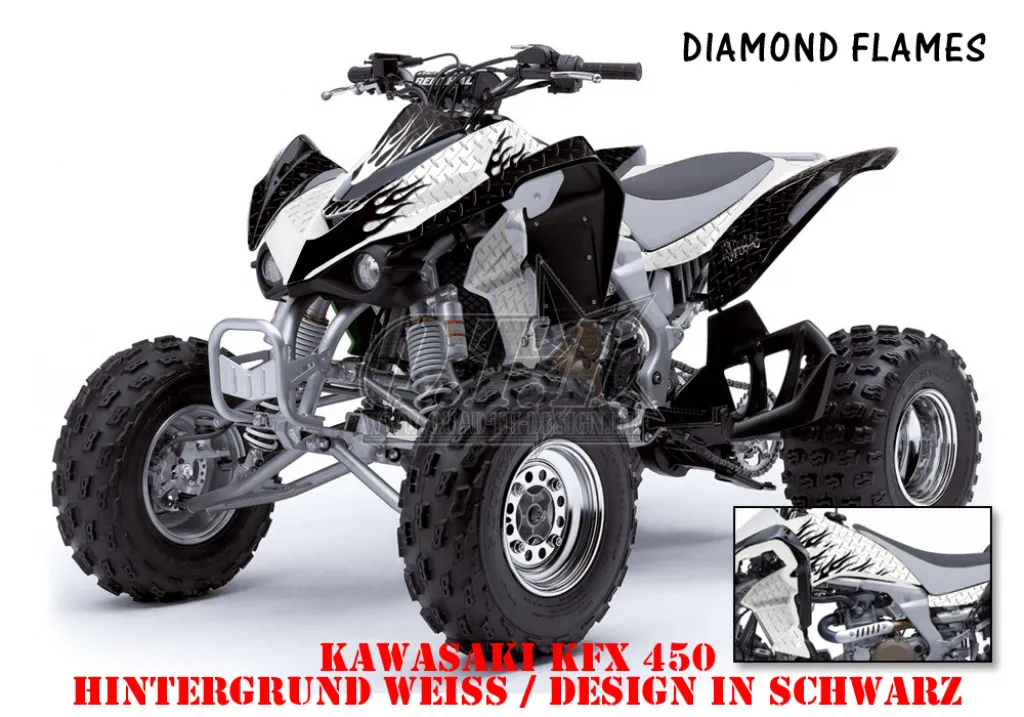 Diamond Flames Background = White, Design color = Black for Kawasaki KFX 450