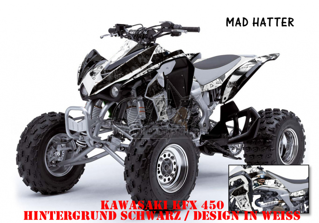 Mad Hatter Hintergrund = Schwarz, Designfarbe = Weiß für Kawasaki KFX 450
