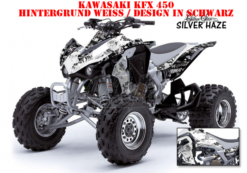 SilverStar - Silverhaze Hintergrund = Weiß, Designfarbe = Schwarz für Kawasaki KFX 450