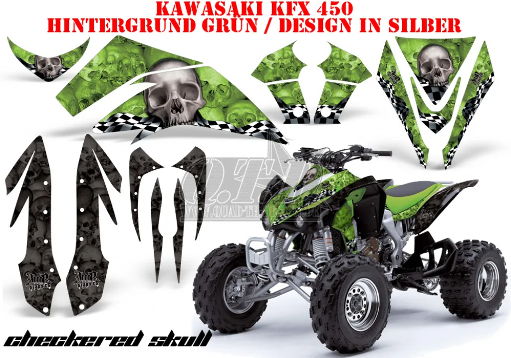 Checkered Skull Background = Green, Design color = Silver for Kawasaki KFX 450