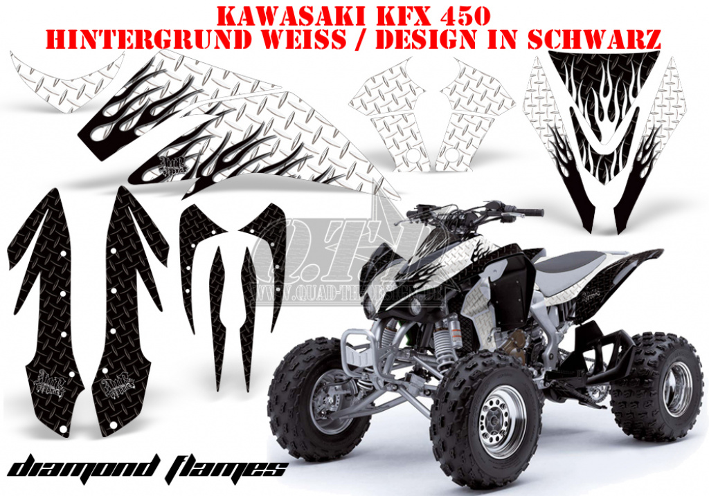 Diamond Flames Hintergrund = Weiß, Designfarbe = Schwarz für Kawasaki KFX 450