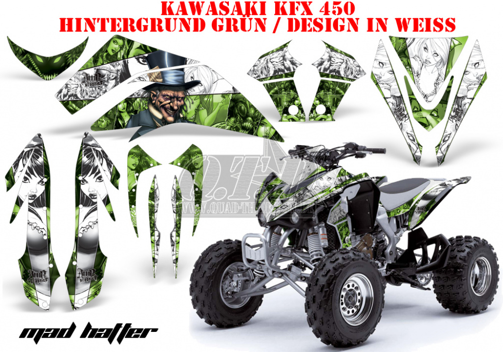 Mad Hatter Hintergrund = Grün, Designfarbe = Weiß für Kawasaki KFX 450