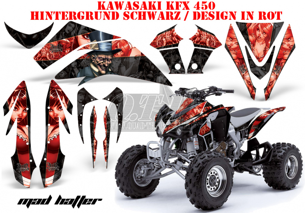Mad Hatter Hintergrund = Schwarz, Designfarbe = Rot für Kawasaki KFX 450