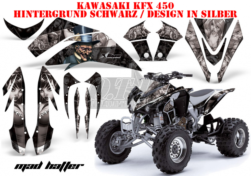 Mad Hatter Hintergrund = Schwarz, Designfarbe = Silber für Kawasaki KFX 450