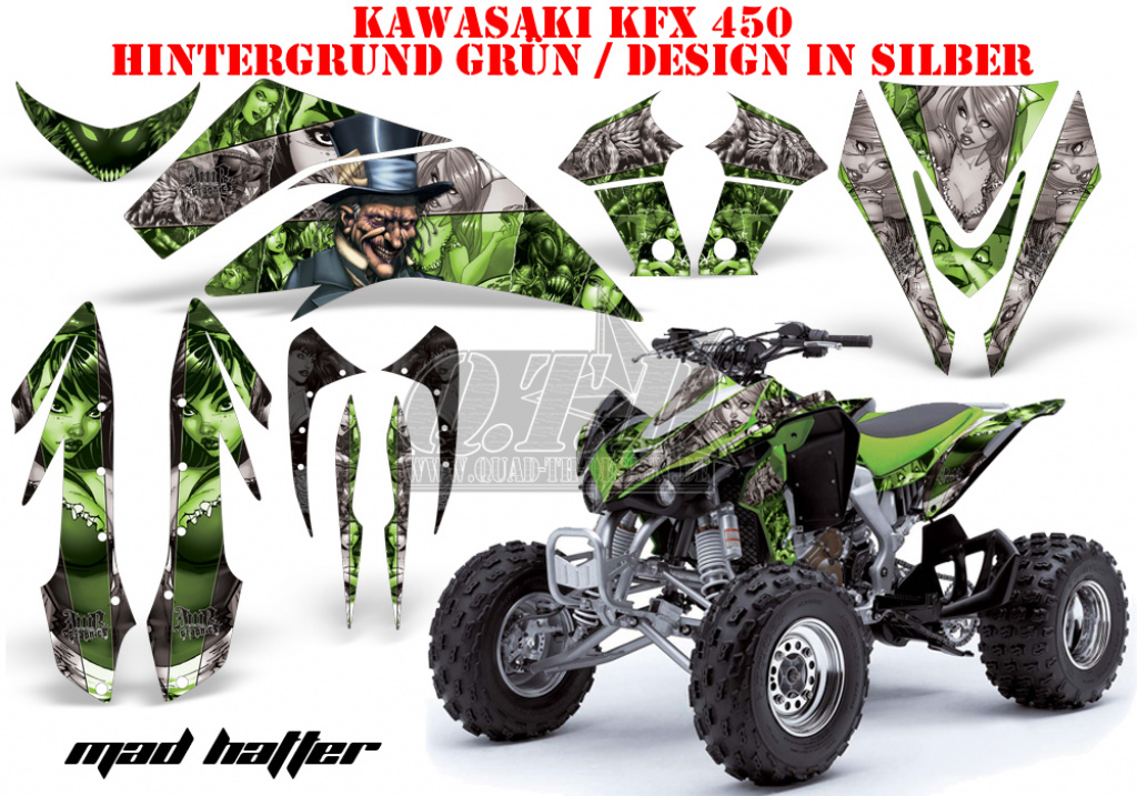 Mad Hatter Hintergrund = Grün, Designfarbe = Silber für Kawasaki KFX 450