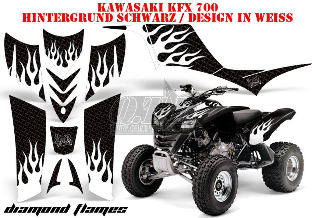 Diamond Flames Background = Black, Design color = White for Kawasaki KFX 700