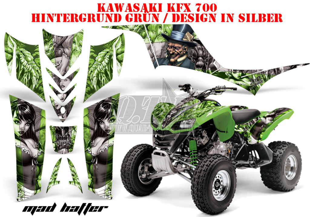 Mad Hatter Background = Green, Design color = Silver for Kawasaki KFX 700