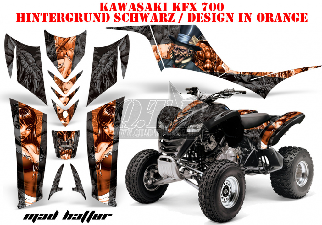 Mad Hatter Background = Black, Design color = Orange for Kawasaki KFX 700