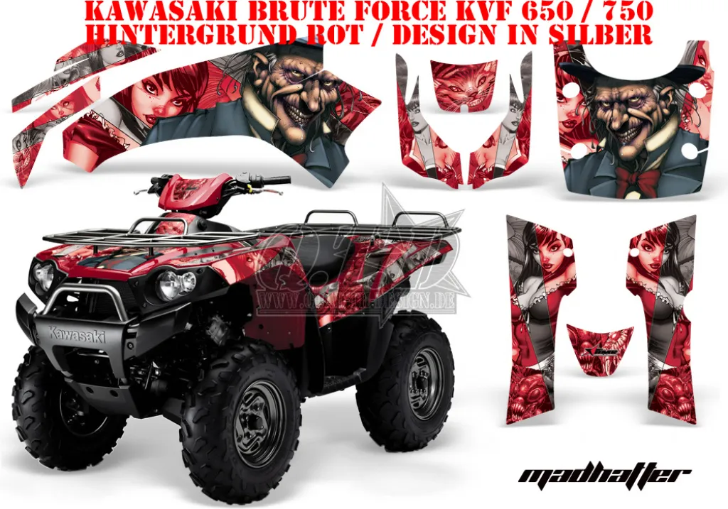 Mad Hatter Hintergrund = Rot, Designfarbe = Silber für Kawasaki Brute Force KVF 650i 4x4 2006-2012