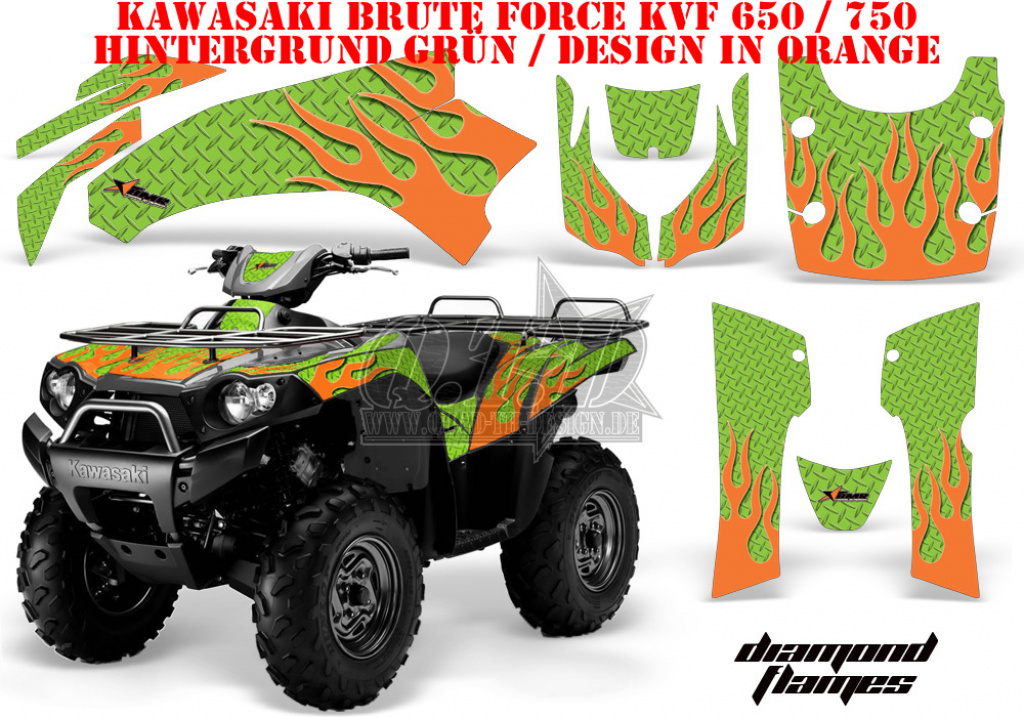 Diamond Flames Background = Green, Design color = Orange for Kawasaki Brute Force KVF 650i 4x4 2006-2012