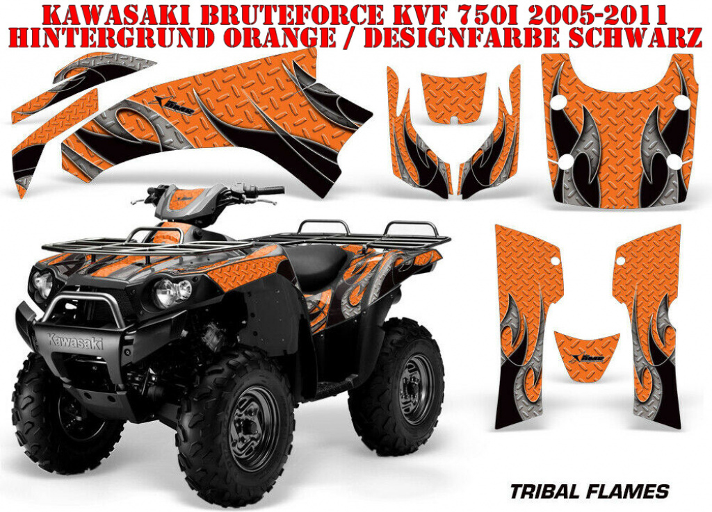 Tribal Flames Background = Orange, Design color = Black for Kawasaki Brute Force KVF 650i 4x4 2006-2012