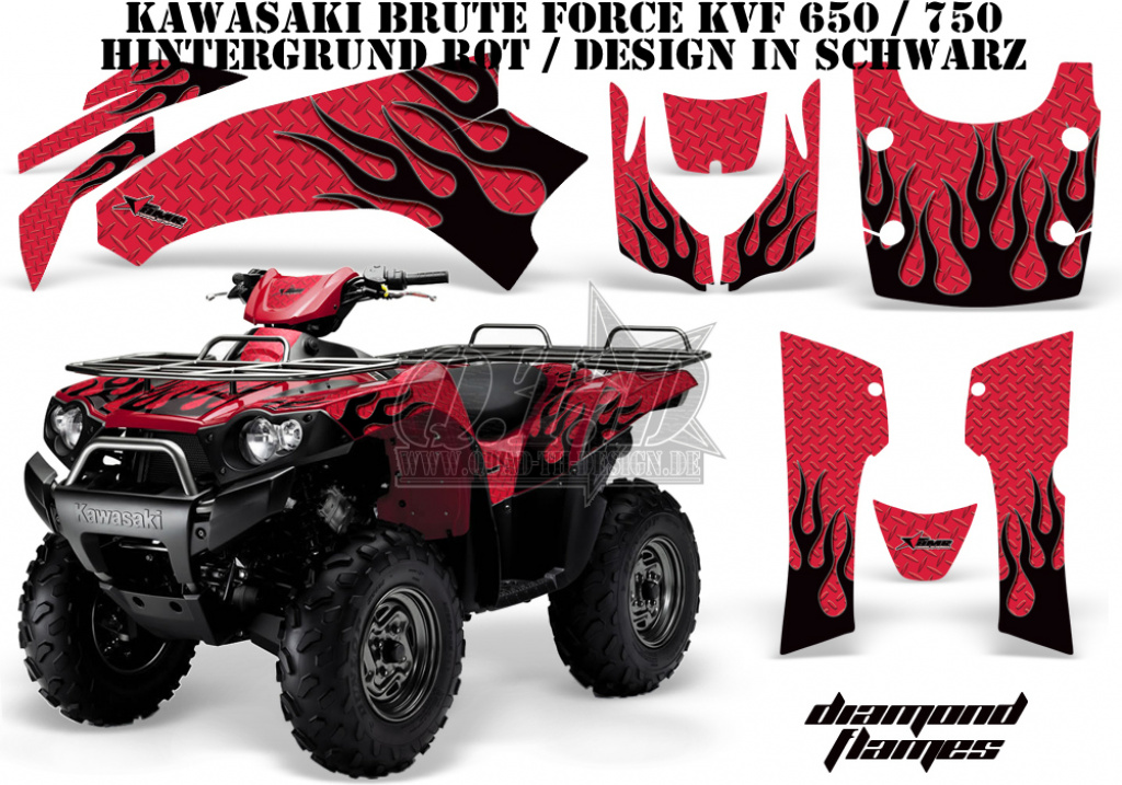 Diamond Flames Background = Red, Design color = Black for Kawasaki Brute Force KVF 650i 4x4 2006-2012