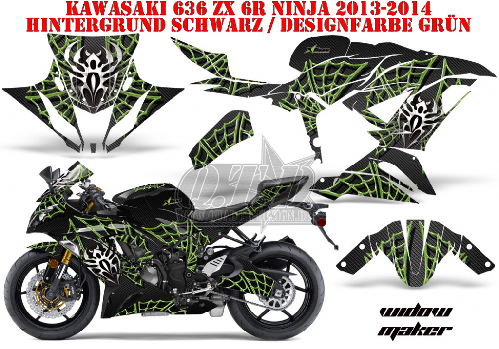 Widow Maker Hintergrund = Schwarz, Designfarbe = Grün für Kawasaki Ninja 636 ZX-6R 2013-2016