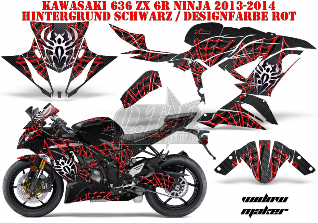 Widow Maker Hintergrund = Schwarz, Designfarbe = Rot für Kawasaki Ninja 636 ZX-6R 2013-2016