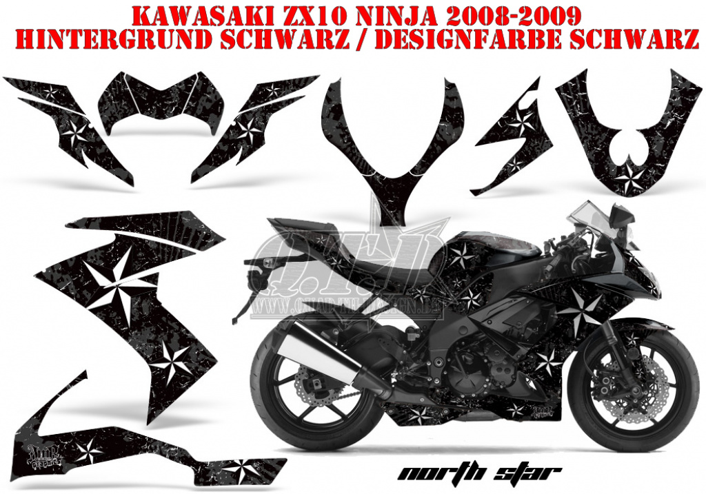 Northstar Hintergrund = Schwarz, Designfarbe = Schwarz für Kawasaki ZX10 Ninja Sport 2008-2009