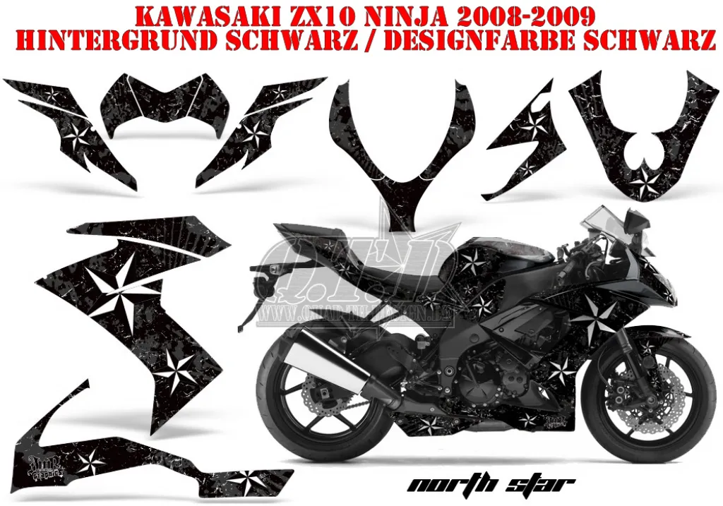 Northstar Hintergrund = Schwarz, Designfarbe = Schwarz für Kawasaki ZX10 Ninja Sport 2008-2009